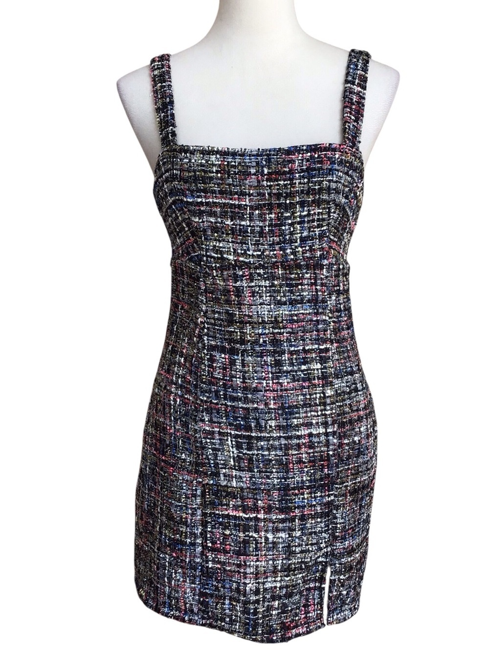 Francesca’s Mi Ami Multi Color Tweed Square Neck Sleeveless Mini Dress N…